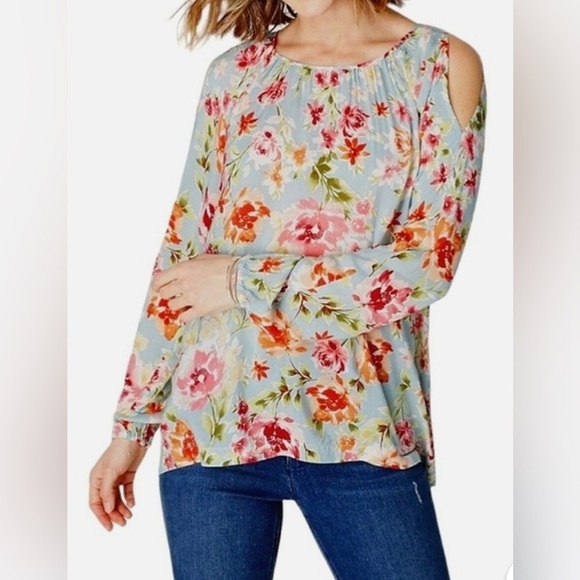 J.Jill Floral Cold Shoulder Blouse XL Tall Blue Multicolor Rayon Boho Tunic Top - Picture 1 of 8